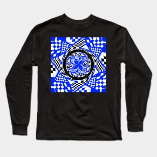 Blue Black and White Double Layer Swirl and Checkered Pinwheel Long Sleeve T-Shirt